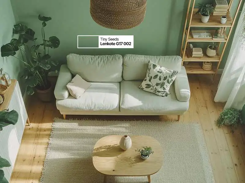 Ruang santai dengan dinding cat mint green yang menyegarkan dan natural