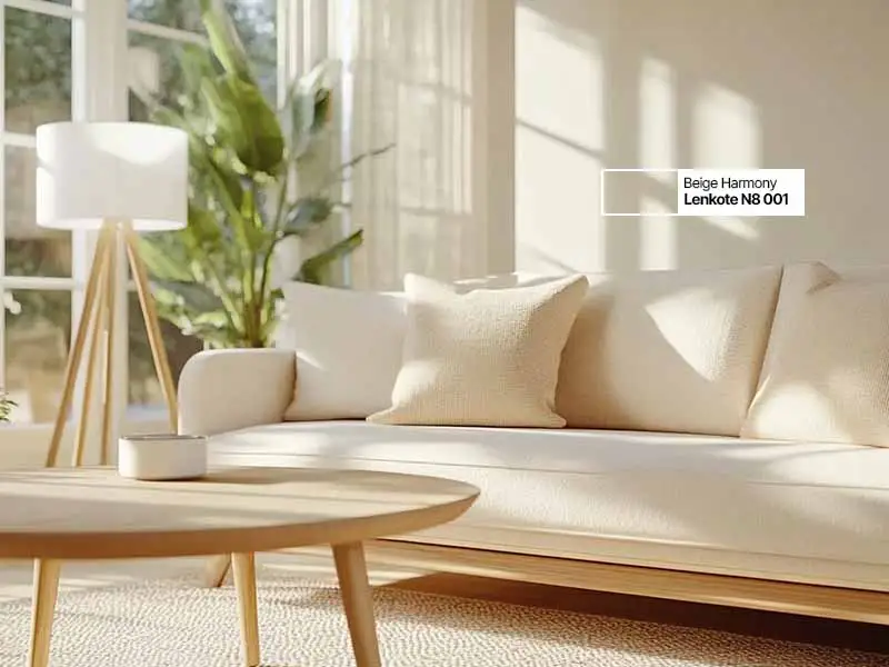 Ruang kerja bergaya Scandinavian dengan dinding cat warm beige yang hangat