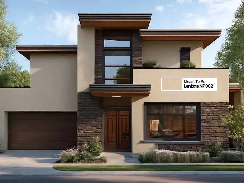 Tekstur dinding eksterior rumah dengan kombinasi batu alam dan cat Avian