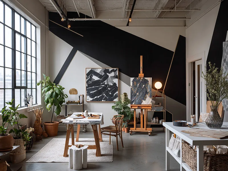 Dinding artistik dengan pola geometris bebas dan palet warna monokrom di ruang galeri rumah