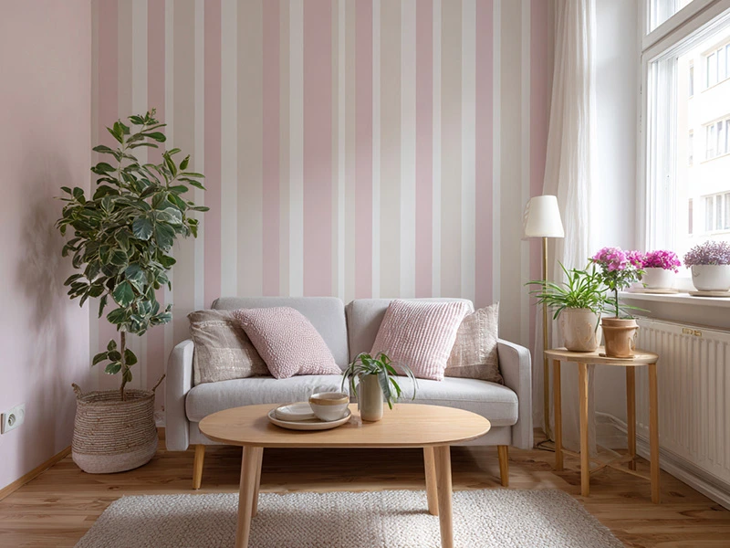 Ruang tamu kecil dengan dinding bercorak garis vertikal pastel untuk kesan tinggi